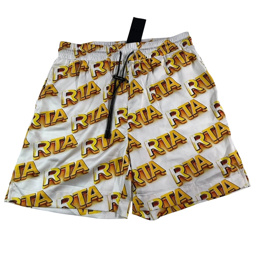 RtA Mens Logo Print Satin Shorts White Gold Streetwear Size M MS22-S802-WHTGD